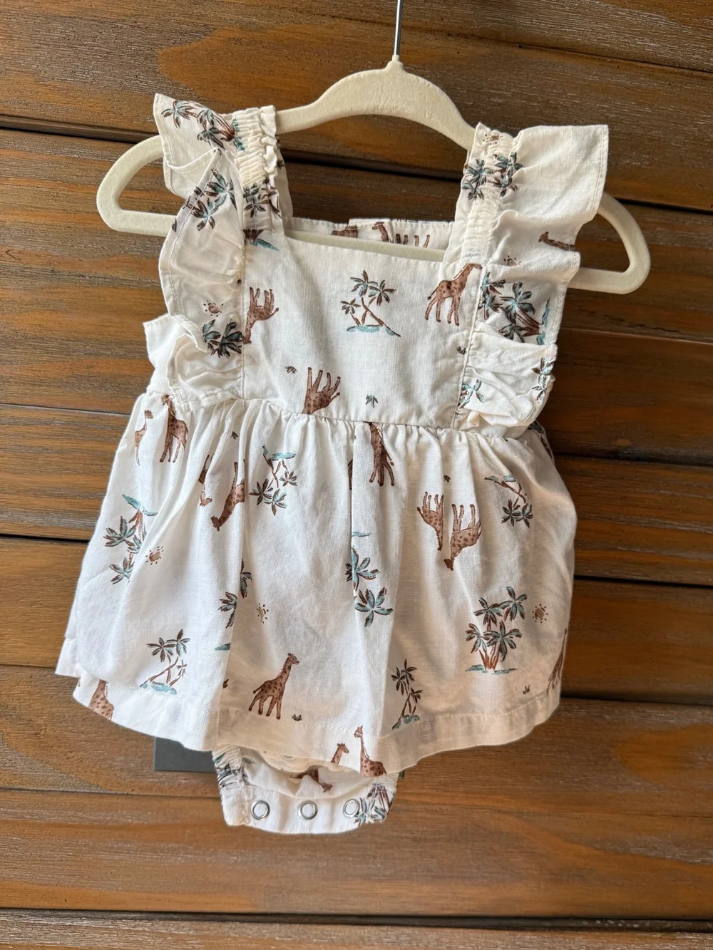 Carter's Cream Safari Print Dress Bodysuit dress with Brown Giraffes